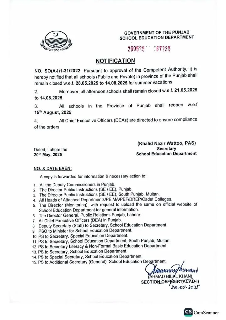 Punjab School Summer Vacation 2025  Notification
